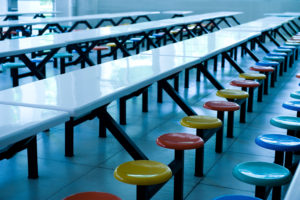 empty seats and tables in a cafeteria