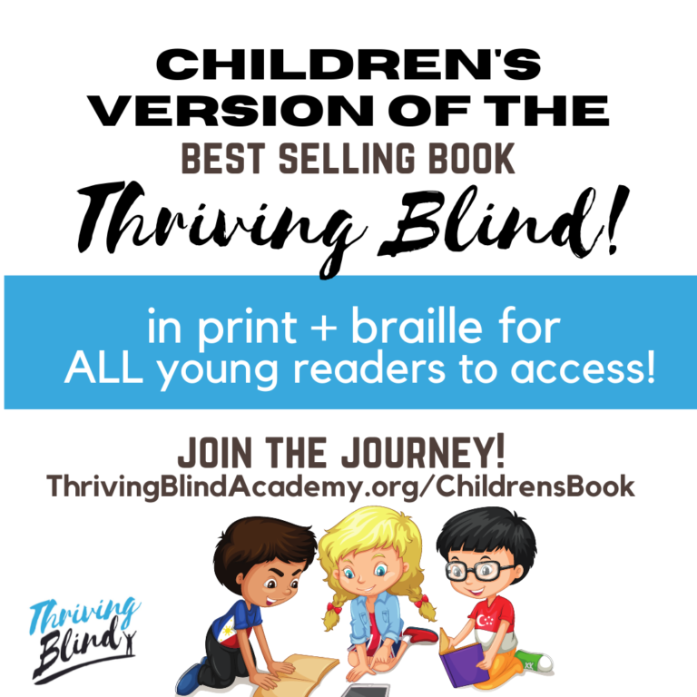cartoon of children sharing a book with text that says thriving blind childrens book in print and braille