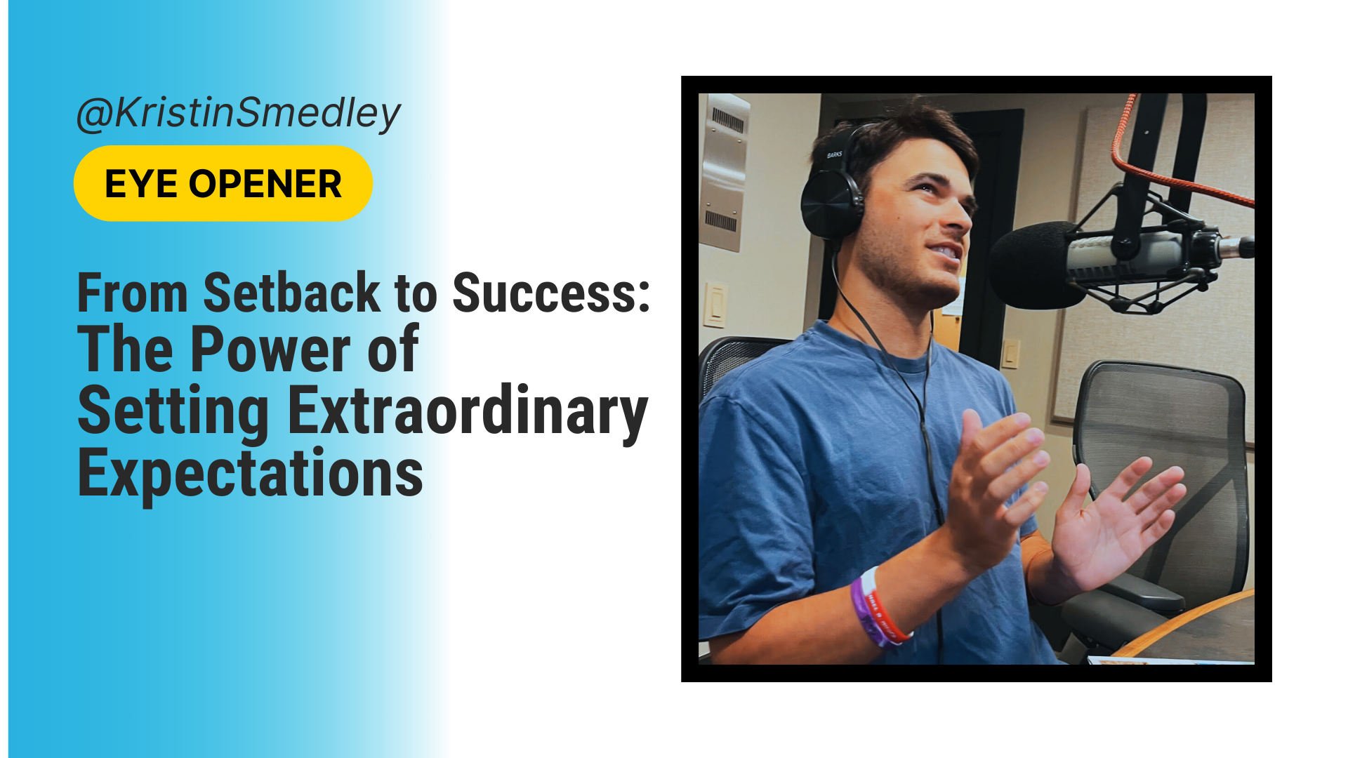 title of the blog article with a picture of mitchell, a young man with darkhair, smiling at a broadcast microphone