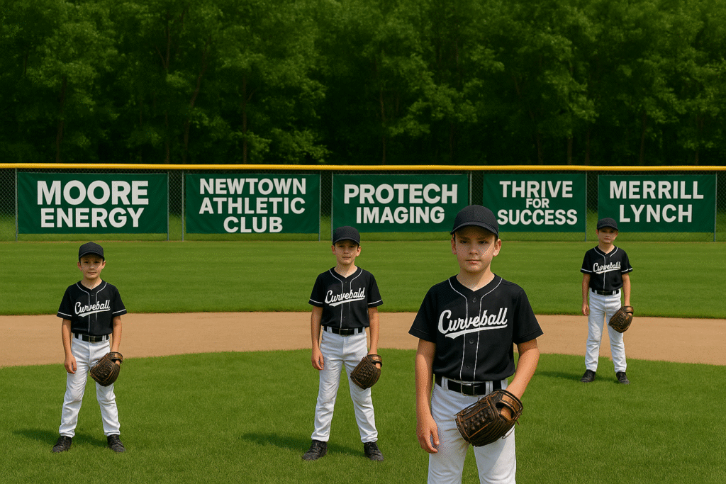 baseabll field with players wearing curvbbeall jerseys. Behind them is hte homerun fence with names of companies on it