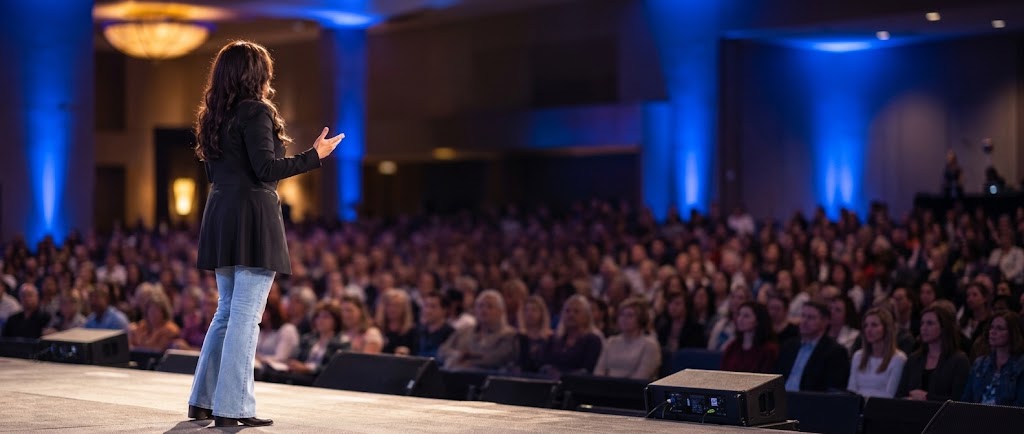 Kristin Smedley on stage in a black jacket and jeans, speaking to a packed ballroom audience lit in blue